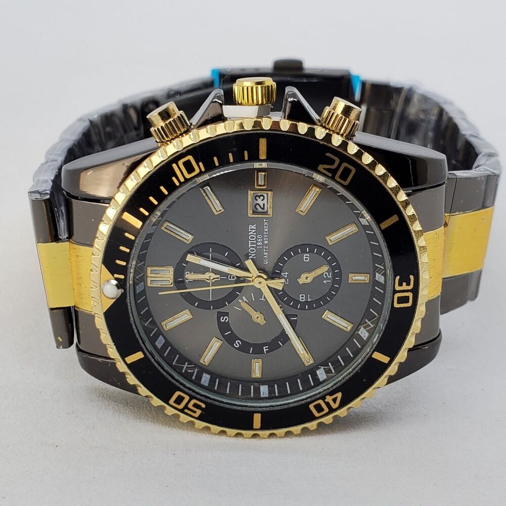 Men's‎ Watch 40MM Dark Gray Dial Gold Black Bracelet Band Date 7.5" New Battery